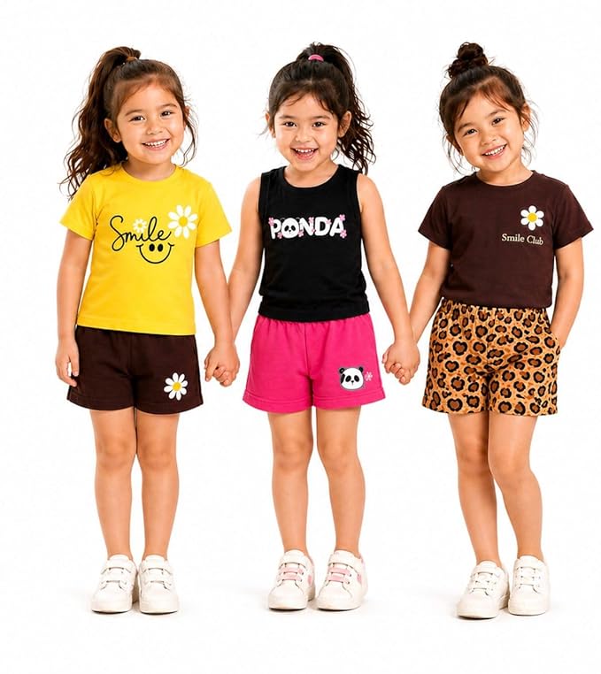 Combo Pack of 3 Girls Cotton Casual Printed T-Shirt and Shorts Set | Regular Fit Round Neck Shorts Set
